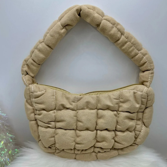 Cloud Feel Puffer Quilted Soft Fabric Material Hand Bag in tan - Picture 1 of 5